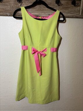 Jessica Howard Lime Green Sleeveless Dress with Pink Bow, Size 6